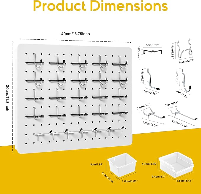 Peg Board for Tools, 4 Pack Metal Pegboard Wall Organizer with Hooks,16"×12" White Pegboard Panels for Walls Home, Garage Tool Storage, Kitchen, Office Organization, Craft Room