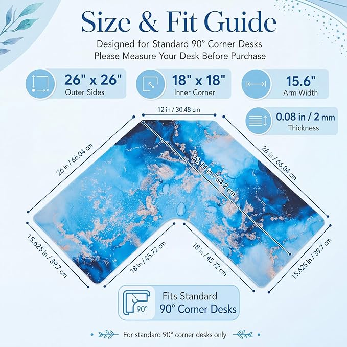 Relaxweex L Shaped Desk Mat for 90° Corner Desks, 26" x 26" Blue Waterproof Mouse Pad with 18" Inner Corner, Non-Slip Rubber Desk Protector for Office & Gaming