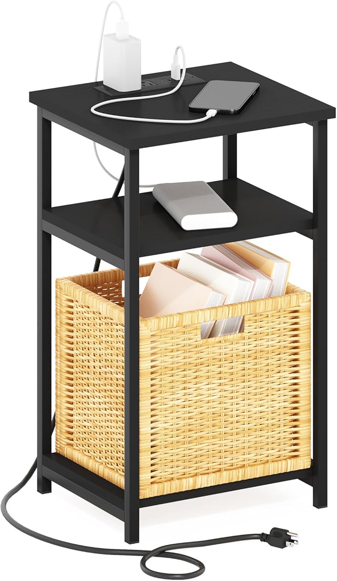 Furinno Moretti Side Table, 3-Tier Modern End Table with Charging Station, Metal Frame Night Stand, Bedside Table with USB and Type-C Port, for Living Room, Bedroom, Americano