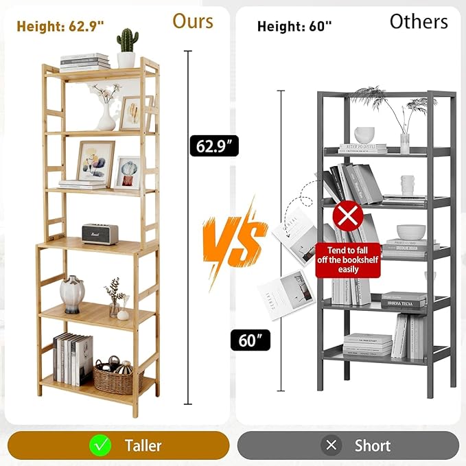 Bamboo Living Room Bookcases, 6 Tier Standing Ladder Shelf Bookshelf, Multifunctional Narrow Shelving Unit Storage Rack for Garage, kitchen, Office, Bookroom, Corner, 42 x 30 x 160 cm