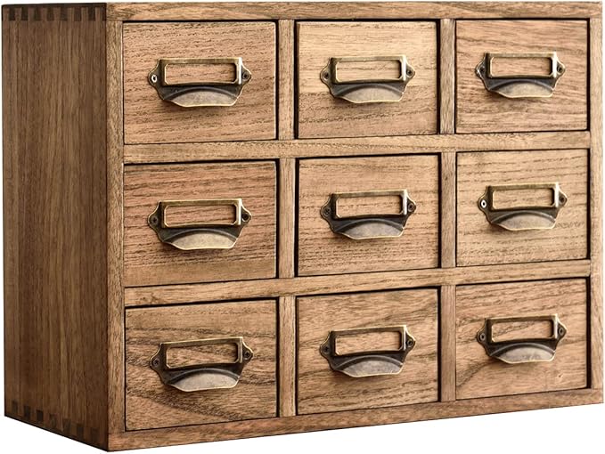KIRIGEN Wooden Desk Storage Cabinet with 9 Mini Drawers, Solid Wood Desktop Organizer with Metal Label Handles for Office Supplies, Crafts, Tea Bags, Makeup, Brown 9CG-DBR