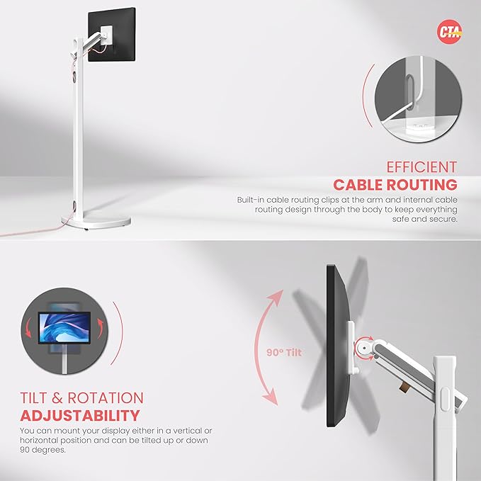 CTA Ergonomic Floor Stand For Monitors & TV’s Up To 35-inches & 22 lbs - Mobile Stand With Anti-Knockdown Base & Height Adjustable - Commercial Grade - (ADD-MSADFS)