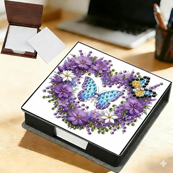 Diamond Painting Kits Sticky Note Holder, DIY Diamond Art Accessories Memo Pad Box for Desk, Mosaic Craft Kits for Adults Beginners, Cute Office Decor Gifts Women(Heart Butterfly A)