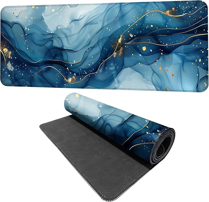 Marble Mouse Pad XXL – Large Blue Gold Marble Texture Desk Mat, Extended Non-Slip Mousepad for Office, Home, Workstation, Elegant Aesthetic Decor,31.5 x 11.8 in