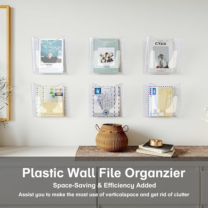 PAG 6-Pocket Clear Wall Mount File Organizer for Office, Vertical Hanging Document Paper Folder Holder for Home, Letter Size Mail Sorter, Transparent Magazine Literature Rack with Mounting Hardware