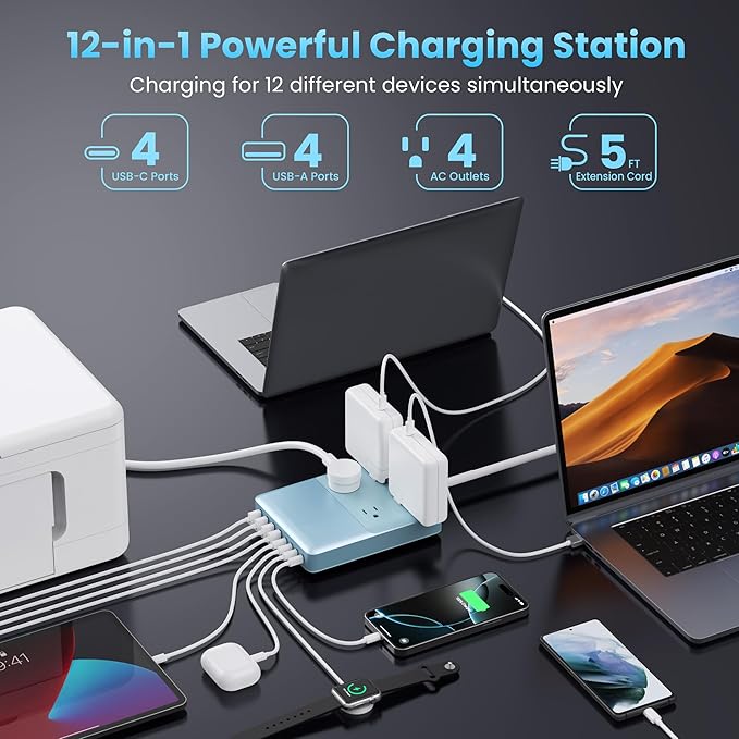 200W USB C Charging Station Power Strip with Cord and Plug,USB C Charger Block,4 AC Outlets,8 USB Ports for MacBook,iPhone 17/16/15,Fast Charging Desktop Charger for Office,Home (Sky Blue)