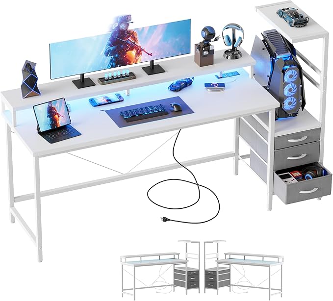 Mericonia 52 inch Gaming Desk with LED Lights & Power Outlets, Reversible Computer Desk with Storage Drawers & Monitor Stand, Large Gaming Table for Home Office
