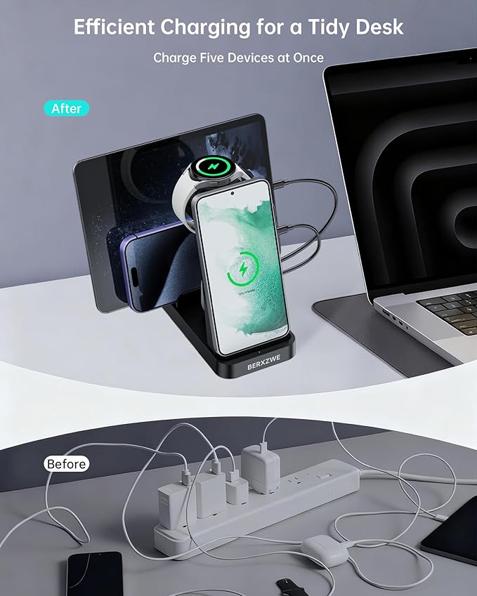 Wireless Charger for Samsung, 5 in 1 Fast Charging Station for Samsung Galaxy Watch 8 7 6 5 4 Galaxy Buds, Charger Dock Stand for S26 Ultra S25 S24-Multi-Device Charger for Samsung Phone Watch Earbuds