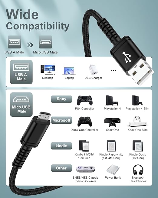 AILKIN [1Pack-6FT] Micro USB to USB A Cable Android Chargers, Fast Charging Long Droid Micro Phone Braided Power Cord for Galaxy J7 J3 J8 S7 S6 S5 S4, PS4, Kindle Fire 7 8 10, Android Chords
