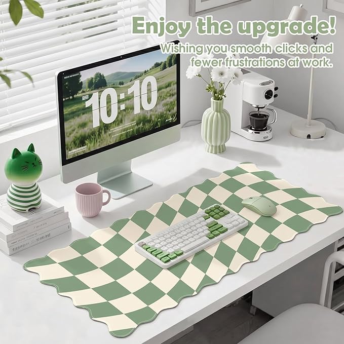 Copkim 1 Pcs Scalloped Green Checkered Desk Mat 31.5 x 11.8 Inch Large Cute Mouse Pad Computer Mat Non Slip Waterproof Rubber Base with Border Stitching Soft Keyboard Pad for Home Office Gaming Makeup