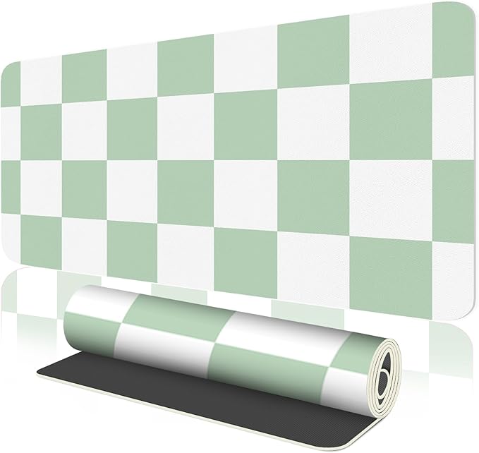 Large Checkered Desk Mat 35.4" x 15.7", PU Leather Mouse Pad Protector, Deskmat for Desk, Non-Slip Green Desk Mat, Waterproof Writing Pad for Office and Home (35.4in*15.7in, Green Plaid)