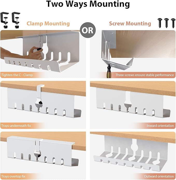 Syeeiex Under Desk Cable Management Tray with No-Drill C-Clamp & Screw Mount, 17'' Metal Under Desk Cord Organizer, Cable Management for Office/Home workspace (White)
