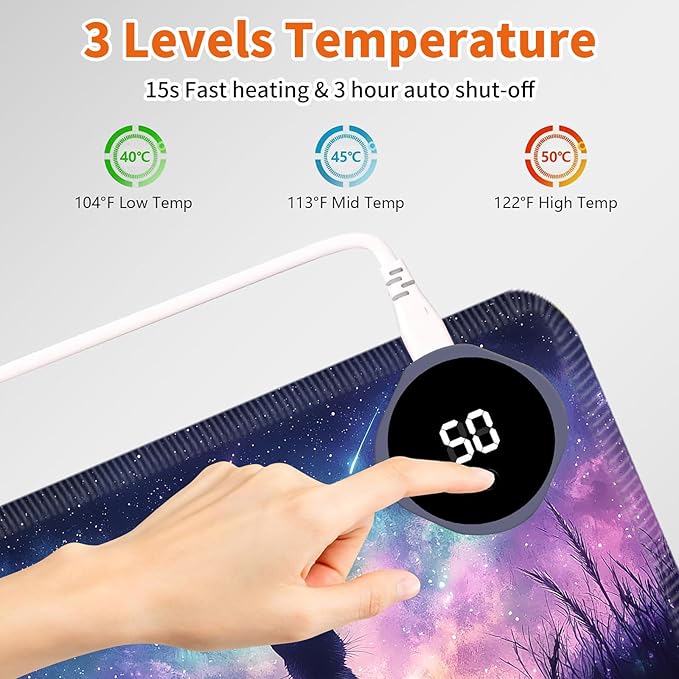 Heated Mouse Pad,Warm Desk Pad with 3 Levels Heating & 3 Hours Auto Shut-Off, PU Leather Heated Desk Pad Warmer Pad for Home Office - 31.5 x 13 inch,Starry Cat