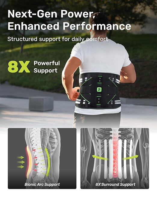 Rakiie Back Brace for Lower Back Pain Relief for Women Men, Elastic Back Support Belt with 8 Stays for Lfting at Work, Breathable Soft Lumbar Support with Removable 3D Compression Pad, Green Size XXL