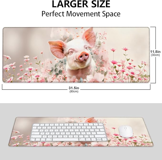 Cheerful Piglet Large Mouse Pad, Gaming Mouse Pad, Non-Slip Rubber Base, Office Accessories, Desk Mat, Pig MousePads for School, Work, Home Decor Gifts 31.5" x 11.8"