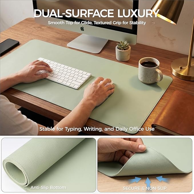Large Desk Pad Non-Slip Desk Mat Protector for Keyboard Mouse Waterproof Vegan Leather Surface Faux Leather Laptop Mat Smooth Mouse Pad Premium Gift Tube Matcha Green 47" x 17"