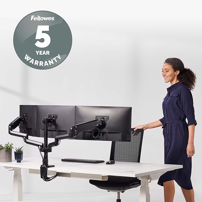 Fellowes Platinum Series Triple Monitor Arm for 27-Inch Monitors, Full Motion, 360° Rotation, VESA Mount with Grommet or Clamp, USB Ports, Ergonomic, Black, 8042601