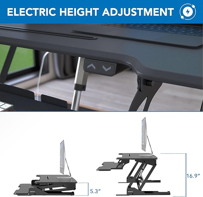 Mount-It! Electric Standing Desk Converter with 38" Tabletop, Height Adjustable Sit Stand Desk Riser, Motorized Desk Riser with Keyboard Tray and Device Slot, Fits Monitor & Laptop, Black