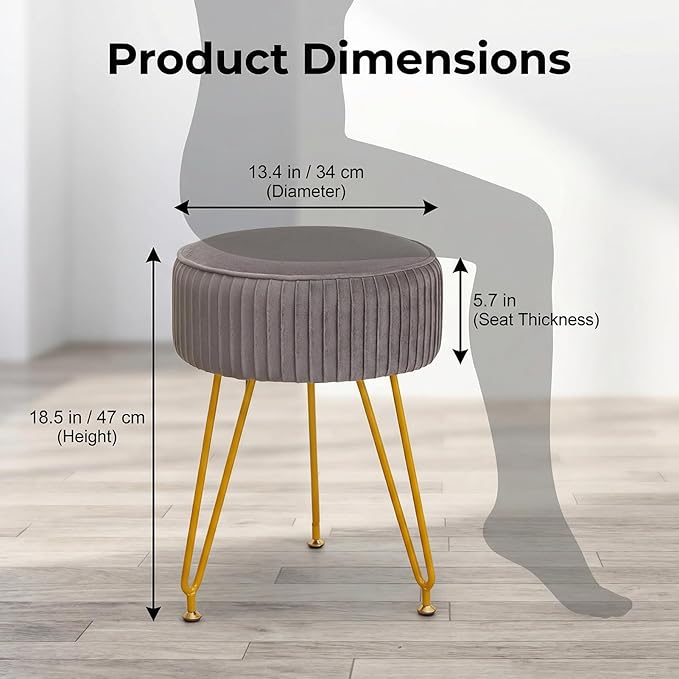 Velvet Vanity Stool Chair, Modern Ottoman Foot Rest Stool with Adjustable Golden Legs, Makeup Chair for Vanity, Multifunctional Makeup Stool for Vanity, Small Vanity Chair for Bedroom, Grey