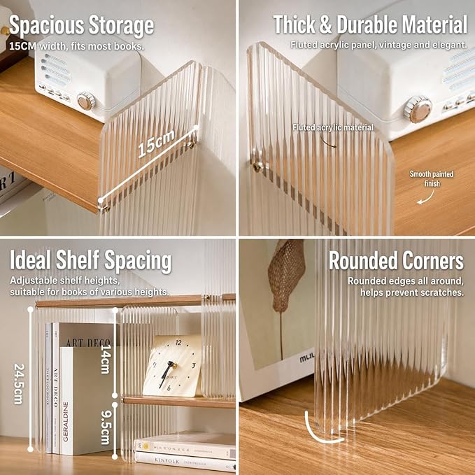 BYCY Expandable Desktop Shelf Organizer, Adjustable Wood Display Shelf with Acrylic Side Board, Office Storage Rack Desk Book Organizer for Home Decor, Office(Solid Brown)