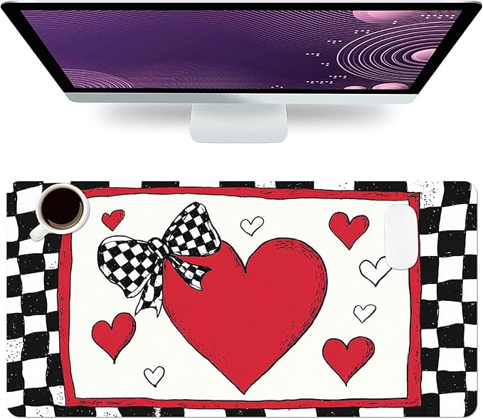 Valentine Desk Mat, Heart Black White Check Large Mouse Pad for Desktop, PU Leather Waterproof Desk Pad, Computer PC Laptop Protector Gaming Mouse Pads Valentine's Day Gifts for Her Him