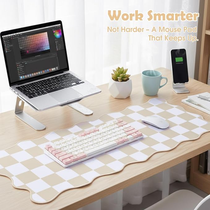 Copkim 1 Pcs Beige Scalloped Checkered Desk Mat 31.5 x 11.8 Inch Large Cute Mouse Pad Computer Mat Non Slip Waterproof Rubber Base with Border Stitching Soft Keyboard Pad for Home Office Gaming Makeup