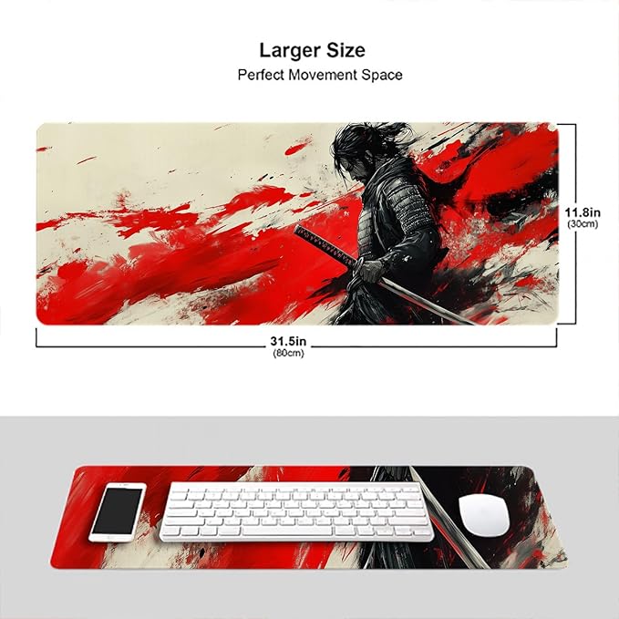 Japanese Samurai Desk Pad Mouse Pad Black Armor Red Katana XL Mouse Pad Large Mousepad Extended Laptop Keyboard Mat Gaming Desk Pad Mouse Mat 31.5"x11.8" Office Computer Keyboard Laptop Home