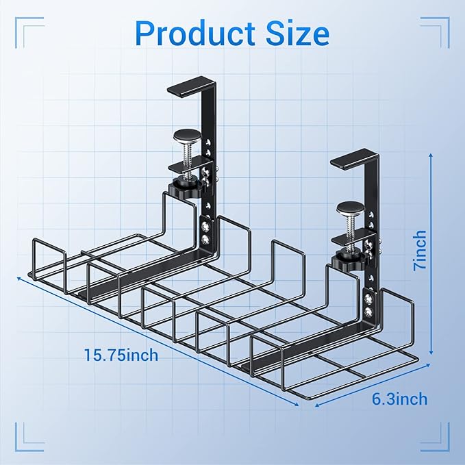 LUXEAR Under Desk Cable Management Tray 2Pack No Drill C-Clamp Standing Desk Cords Organizers 15.7“ High Capacity Adjustable Removable Docking Station Wires Holder Rack Office Kitchen Table Raceway