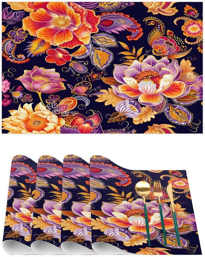 Placemats Set of 4 Heat-Resistant Rectangle Place Mats Ethnic Boho Flower Washable Plastic PVC Dining Table Mat Non-Slip Wipeable Woven Vinyl Placemat for Kitchen Patio Table Decor