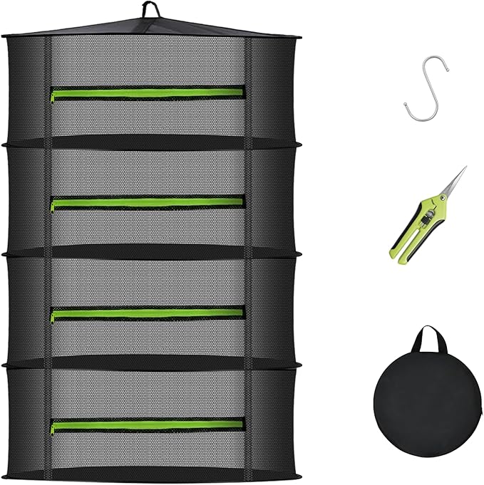 MEKOLIFE Herb Drying Rack Hanging-4 Layer, Plant Drying Rack, Bud Drying Net,Foldable Hanging Dry Rack Net with Green Zipper, Garden Shears & Hooks, for Herbs, Seeds Indoor/Outdoor (23.62")