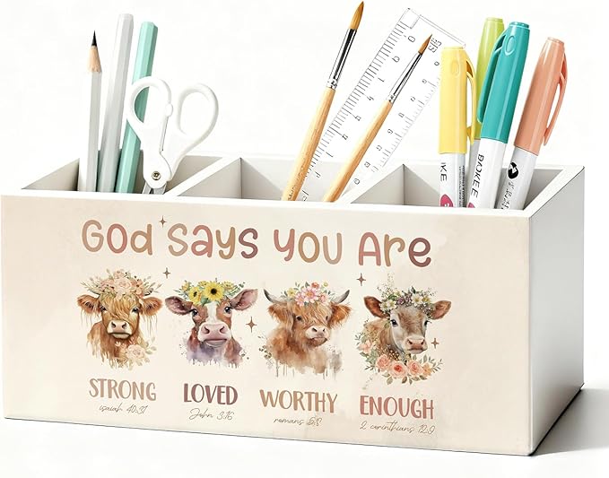 Highland Cow Christian Pen Pencil Holder for Desk, Christian Gifts for Women, God Says You Are Bible Verse Western Highland Cow Wooden Box Sign Decorations for Home Office Desk Tabletop