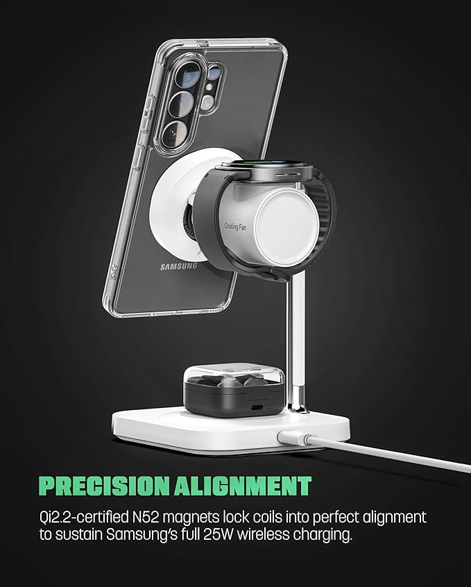Qi2.2 Certified 3-in-1 Wireless Charger Stand for Samsung [25W Fast-Charging] Magnetic Station for Phone, Galaxy Watch and Earbuds, Compatible with MagSafe, Active Air Cooling (45w Adapter Included)