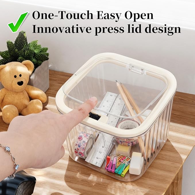 THMINS Hair Accessories Organizer for Girls,Small Plastic Storage Box with Lid for Kids Hair Clips,Ties,Bows&Jewelry,Stackable Dust-Proof Flip Top Container(Clear)