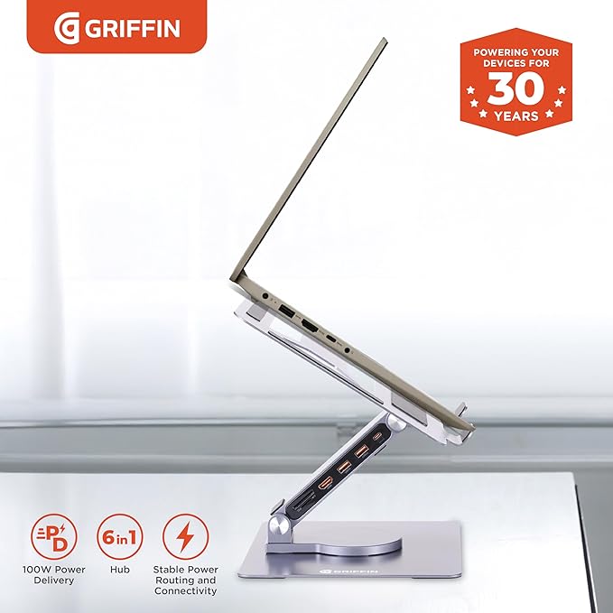 Griffin Rotator Laptop Stand with 6-in-1 USB HUB, 360° Rotating Computer Stand, USB C Docking Station & Multiport Adapter for Desk Setup