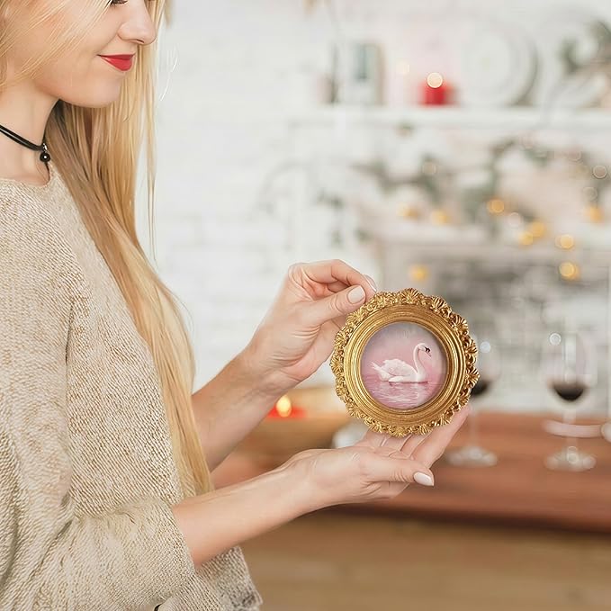 Pink Swan Round Picture Frame Wall Decor,Preppy Coquette Goose Gold Mini Ornate Photo Frame for TableTop Desk 2.7in Photo,Vintage Framed Artwork for Girly Room Walls Office Bedroom Shelf