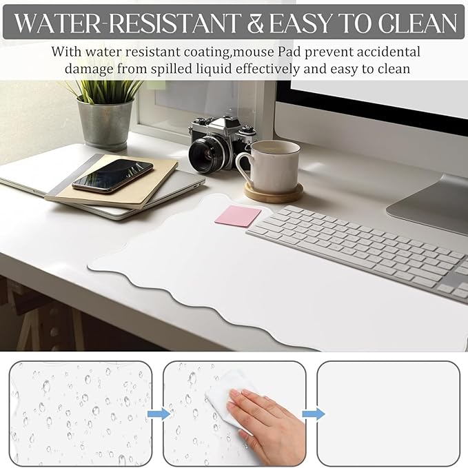 Hahafelt Scalloped Desk Mat Large Desk Pad Cute Coquette Table Mat Aesthetic Preppy Table Make up Pad Nonslip 2026 Graduation Gift with Stitching Waterproof Gaming(White,23.6 x 13.8 Inches)