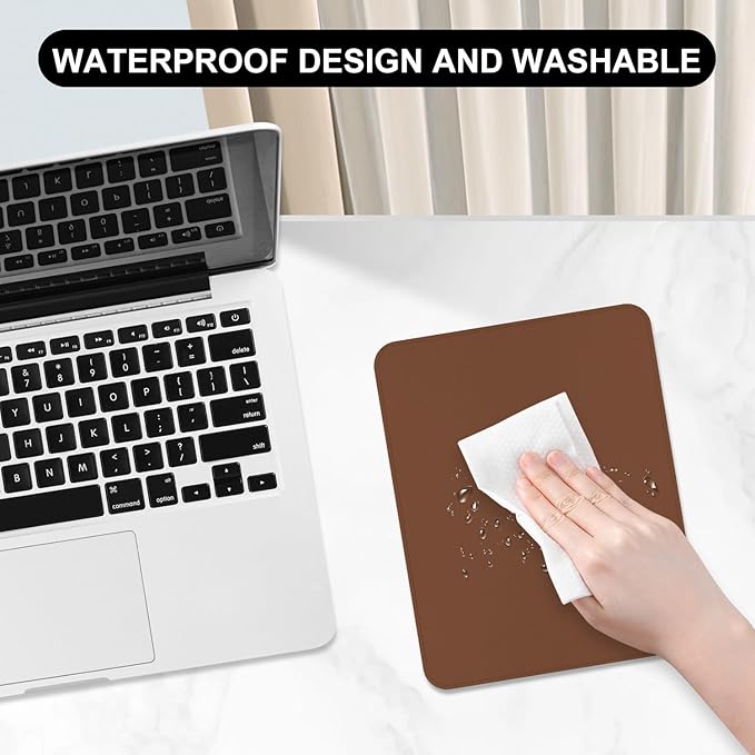 Leather Mouse Pad, Office Mouse Mat Non-Slip Rubber Base Stitched Edge Washable Waterproof Rectangular Mousepad for Office Gaming PC Laptop, 9.8" x 7.9", Bright Brown