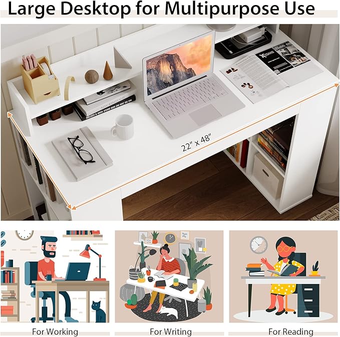 Tangkula 48” White Desk with Storage Bookshelf, Home Office Computer Desk with Dual 3 Tier Bookshelf & Monitor Shelf, Study Writing Desk with Anti-Tipping Kit, Executive Desk for Study & Bedroom