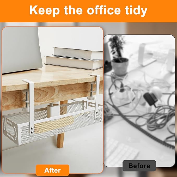 Under Desk Cable Management Tray, No Drill Cable Rack with Clamp Mount, 15" Mesh Wire Management Tray, Metal Under Desk Wire & Cord Organizer for Office Home Cord Hider (White)