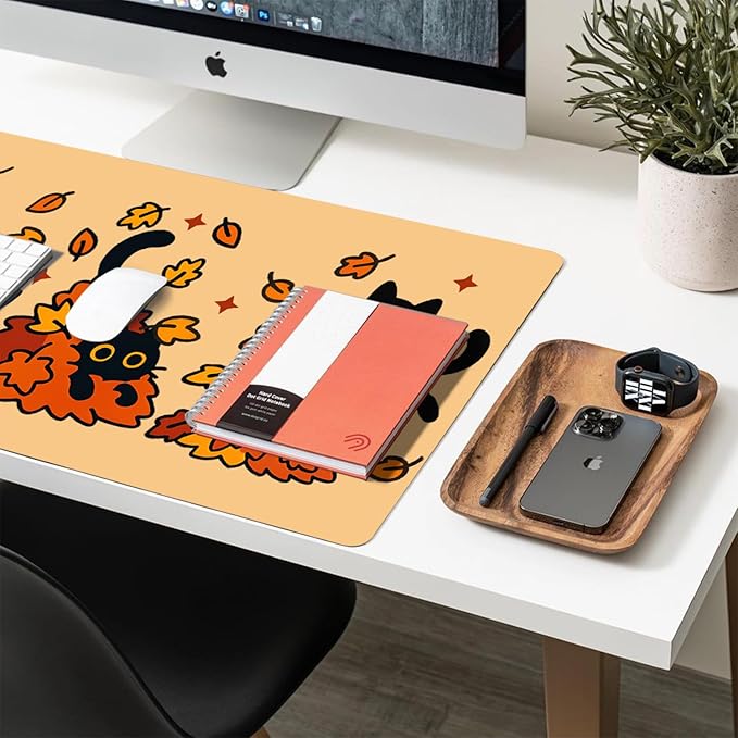 Fall Desk Mat, Black Cat Maple Leaves Large Mouse Pad for Desktop, PU Leather Waterproof Desk Pad, Computer PC Laptop Protector Gaming Mouse Pads for School Office Home Thanksgiving Decorations