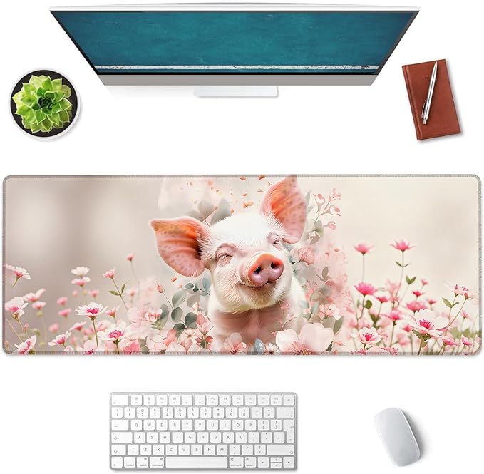 Cheerful Piglet Large Mouse Pad, Gaming Mouse Pad, Non-Slip Rubber Base, Office Accessories, Desk Mat, Pig MousePads for School, Work, Home Decor Gifts 31.5" x 11.8"