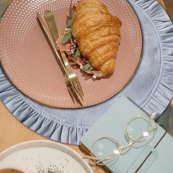18 Inch Velvet Round Placemat with Ruffle for Dining Table Outdoor Placemats Non-Slip Washable for Gathering, Occasional Decoration and Family Parties Celebrations Set of 4, Blue Grey
