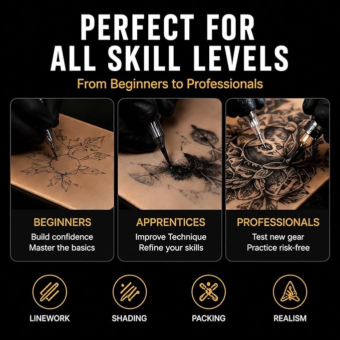 320Pcs Tattoo Skin Practice Kit - 20Pcs Fake Skin+ 300 Mixed Sizes Tattoo Ink Caps Cups (#9/#13/#16) for Tattoo Artists & Beginners,Tattoo Supplies Starter Kit Practice at Home