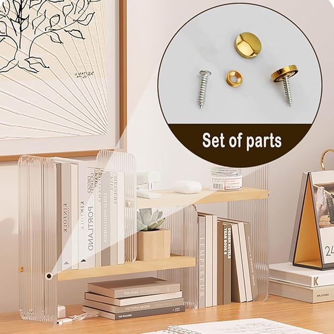 BYCY Double H Display Bookshelf Desktop Organizer Office Storage Rack Expandable Wood Display Shelf with Acrylic Side Board Free Style Display Storage Rack Stackable for Home Office (Natural)