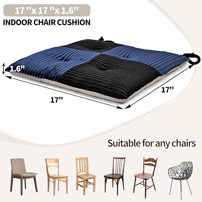 Office Stacking Chair Cushion with Ties, Corduroy High Density Foam Non-Slip Kitchen Seat Cushion, Square 17" x 17" Indoor Dining Chair Pads, Black+ Navy, 1 PCS