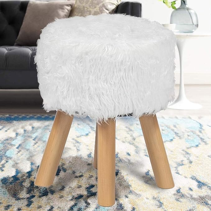 Asense Small Round Ottoman Foot Rest Stool Faux Fur Padded Seat Footstool Ottoman with Non-Skid Wooden Legs (White,Long Leg Version,Faux Fur)