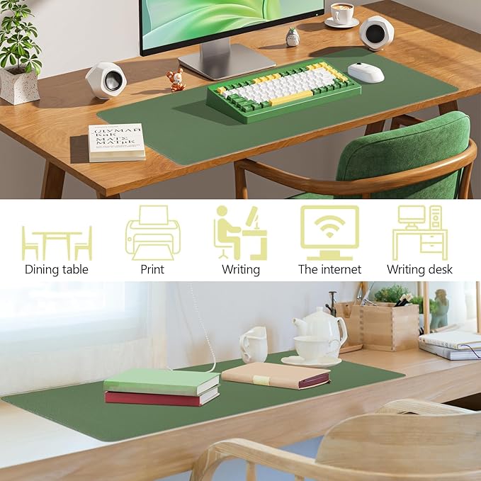 Olive Green Leather Desk Mat Large Mouse Pad, Waterproof Desk Pad for Keyboard and Mouse, Non-Slip Computer Desk Protector, Smooth Mouse Movement Desk Mat for Home and Office(35.4"×17")