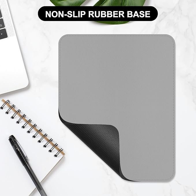 Leather Mouse Pad, Office Mouse Mat Non-Slip Rubber Base Stitched Edge Washable Waterproof Rectangular Mousepad for Office Gaming PC Laptop, 9.8" x 7.9", Gray