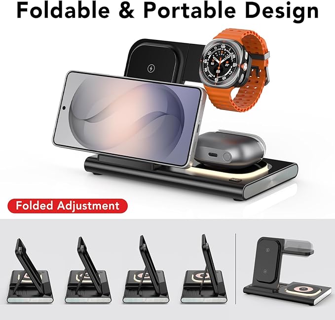 Wireless Charger for Samsung Charger (Foldable & Nightlight),3 in 1 Charging Station for Samsung S26 Ultra/S25/S24/S23/S22/Note20 Z Fold Flip7, Travel Charger for Galaxy Watch 8/7/6/5/4/3/Galaxy Buds4