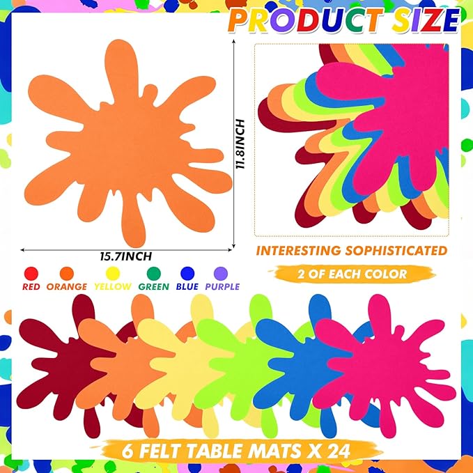 Tegeme 12 Pcs Large Paint Splatter Felt Art Colorful Mats, Rainbow Art Party Supplies Prop for Craft Wall Decal School Bulletin Board, Neon Paint Birthday Party Table Decoration (Neon,Bright)